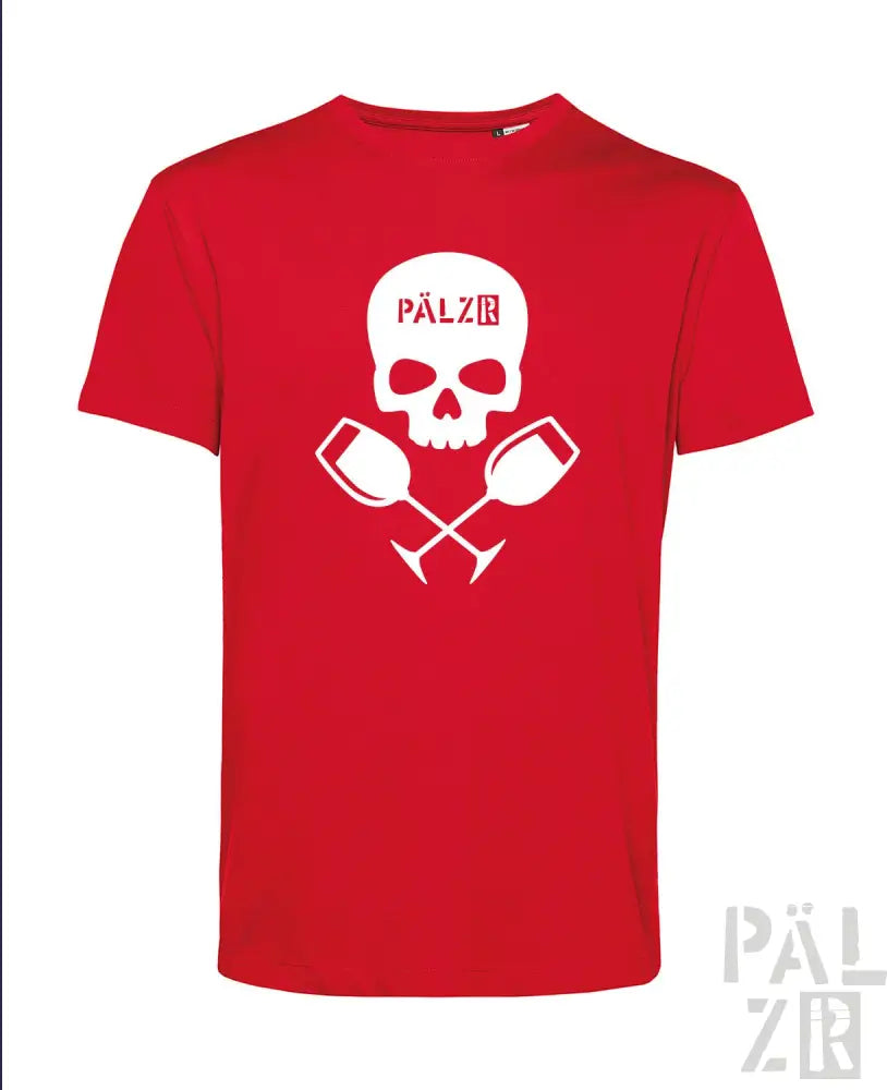 Rotes T-Shirt mit Totenkopf und gekreuzten Schlägeln Design, weißer Text ’pälzr’ auf dem Totenkopf.