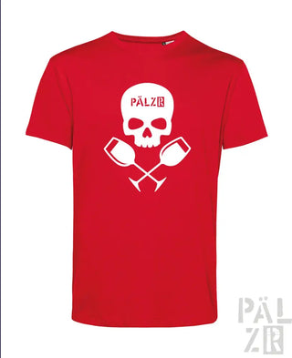 Rotes T-Shirt mit Totenkopf und gekreuzten Schlägeln Design, weißer Text ’pälzr’ auf dem Totenkopf.