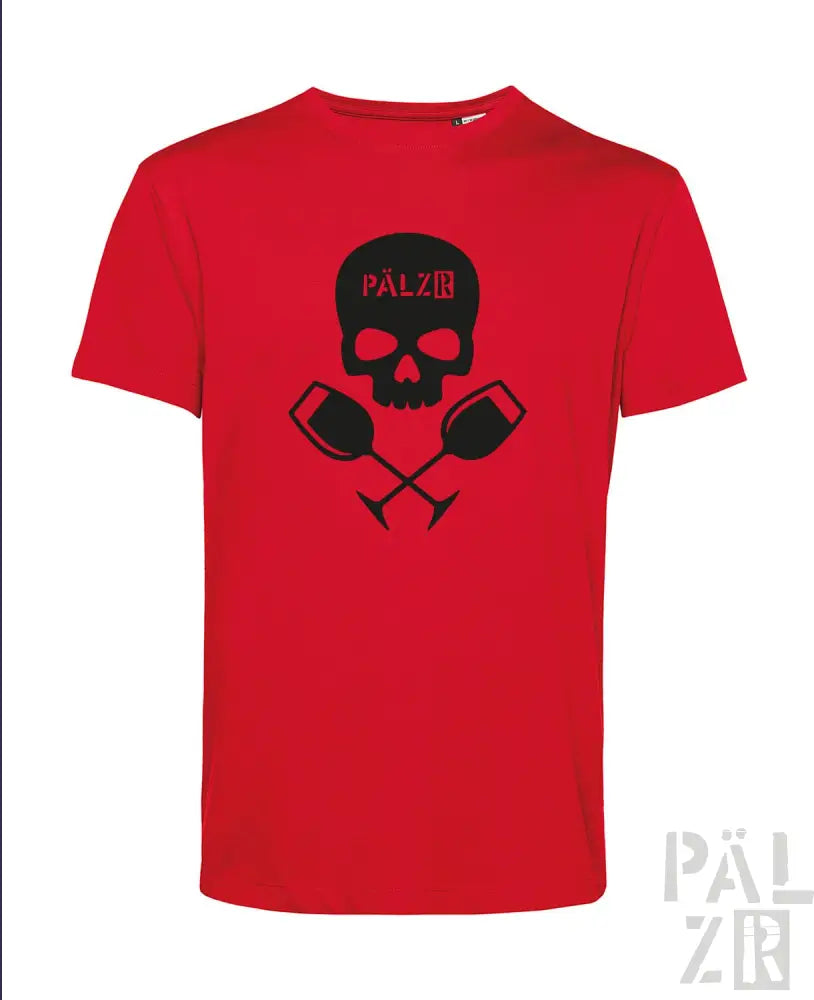 Rotes T-Shirt mit Totenkopf- und Hantel-Design, schwarzer Text ’palzb’ auf der Vorderseite.