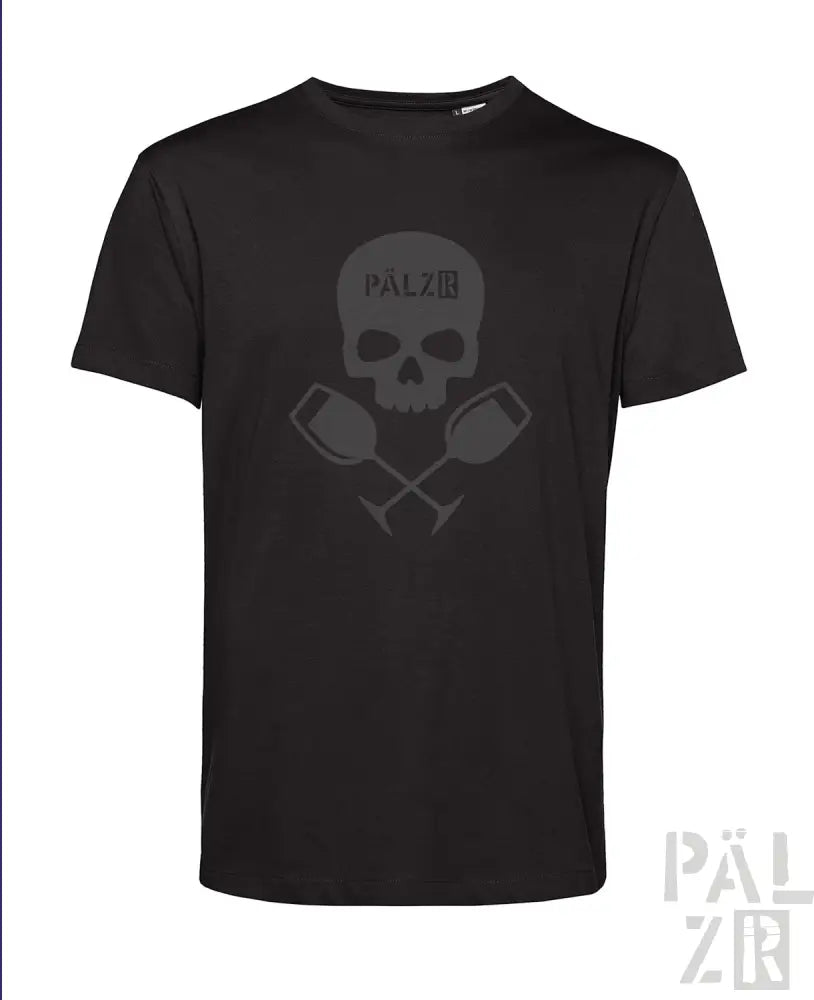 Schwarzes Totenkopf- und Kreuzknochen-T-Shirt mit ‚pälzb‘-Logo.