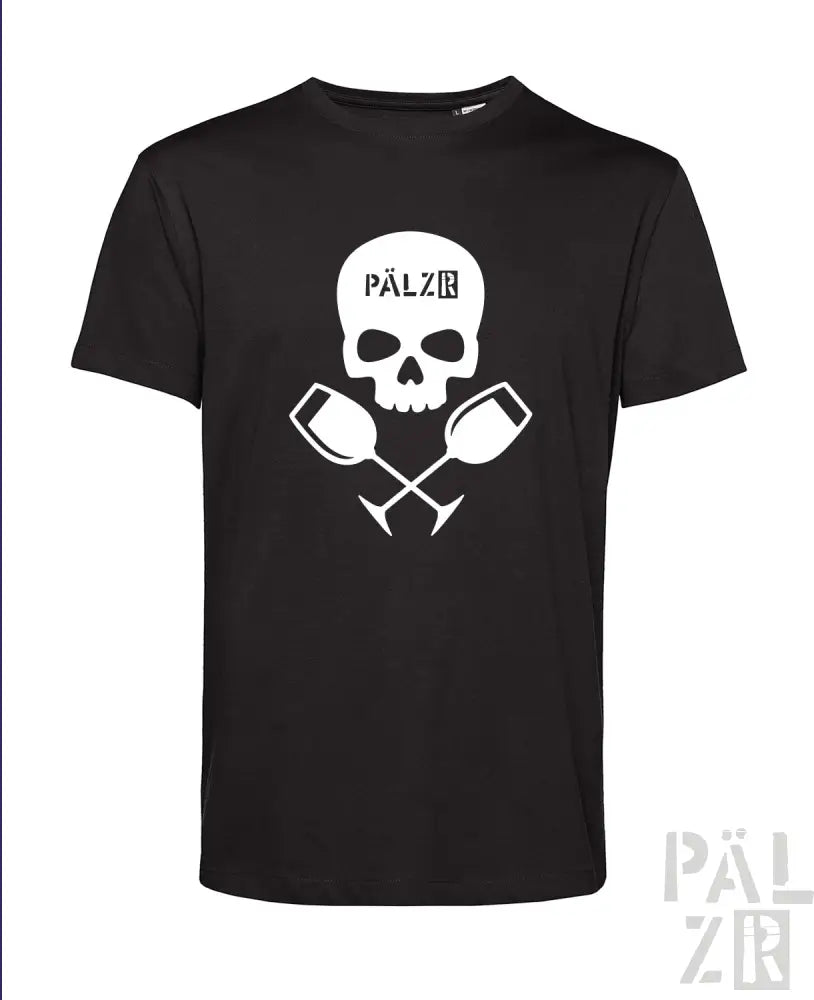 Schwarzes T-Shirt mit weißem Schädel- und gekreuzten Schlägel-Design, ’pälzr’-Logo auf der Brust.