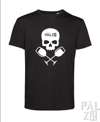 Schwarzes T-Shirt mit weißem Schädel- und gekreuzten Schlägel-Design, ’pälzr’-Logo auf der Brust.