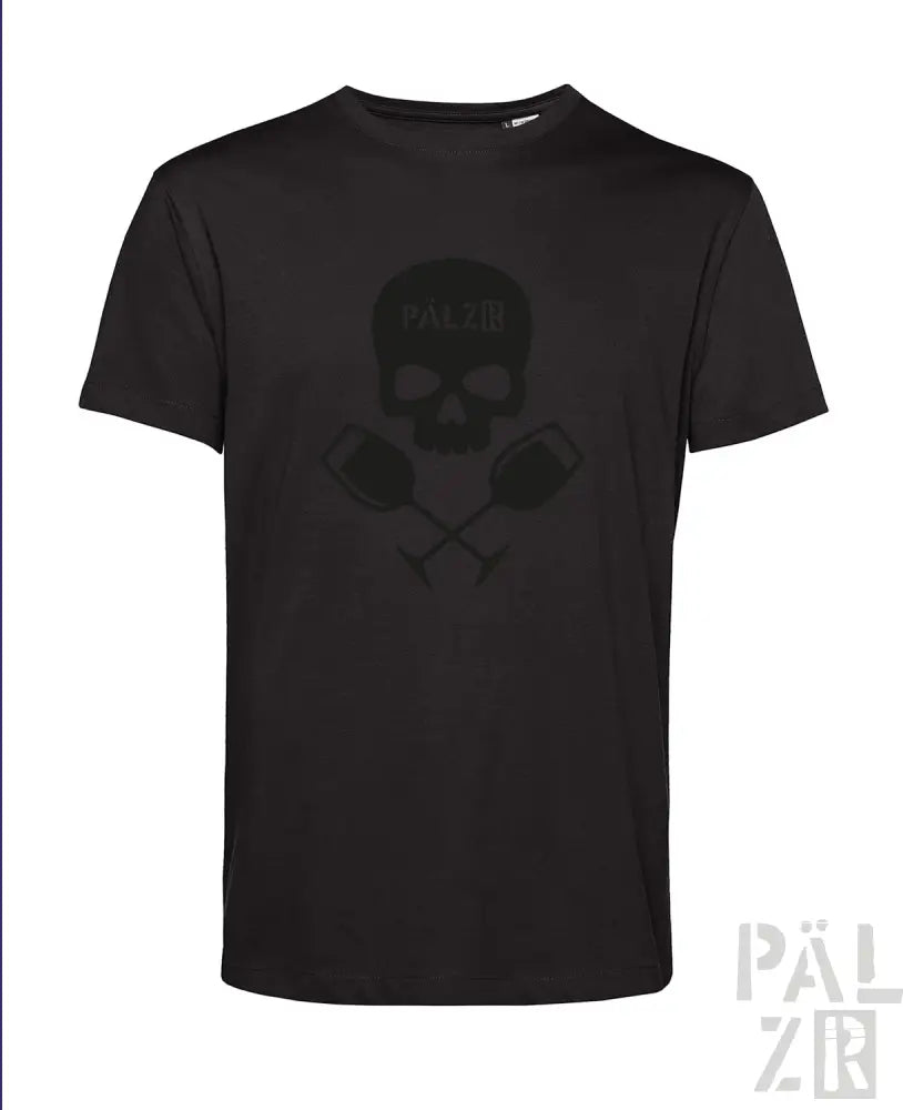 Schwarzes Totenkopf-T-Shirt mit Kreuzknochen-Design, Baumwollmaterial.