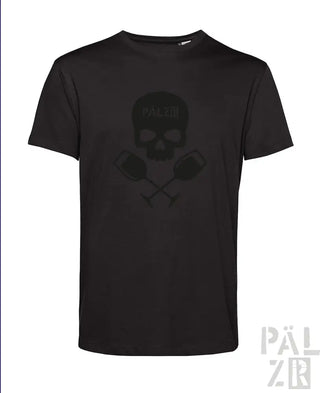 Schwarzes Totenkopf-T-Shirt mit Kreuzknochen-Design, Baumwollmaterial.