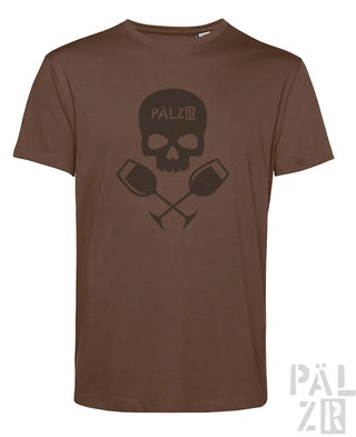 Braunes männer t-shirt mit kurzem ärmel und dunkel motiv aus schädel und gekreuzten weingläsern mit pälzir schriftzug