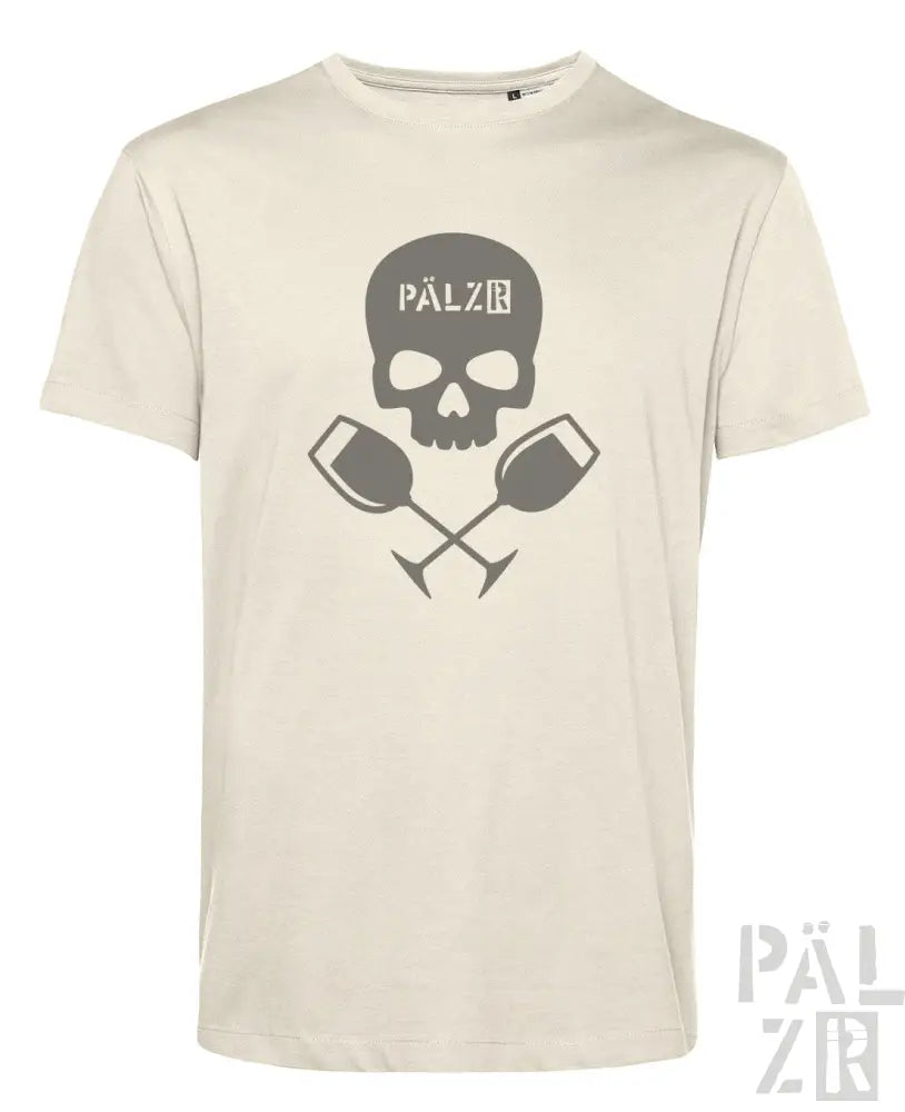 Beige männer t-shirt mit kurzen ärmeln und grauem schädel design mit kreuzenden weingläsern und pälz schriftzug