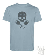 Männer t-shirt weinpirat hellblau mit kurzem arm und dunkelgrauem schädel und überkreuzten weingläsern mit pälz schriftzug