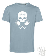 Hellblaues baumwoll t-shirt männer mit weißem schädel und gekreuzten weingläsern und pälzr print