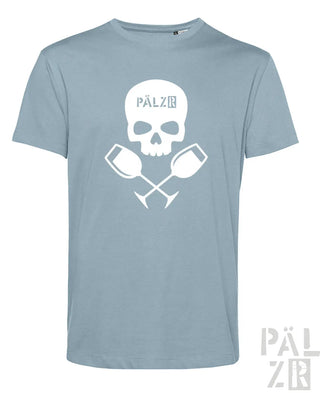 Hellblaues baumwoll t-shirt männer mit weißem schädel und gekreuzten weingläsern und pälzr print
