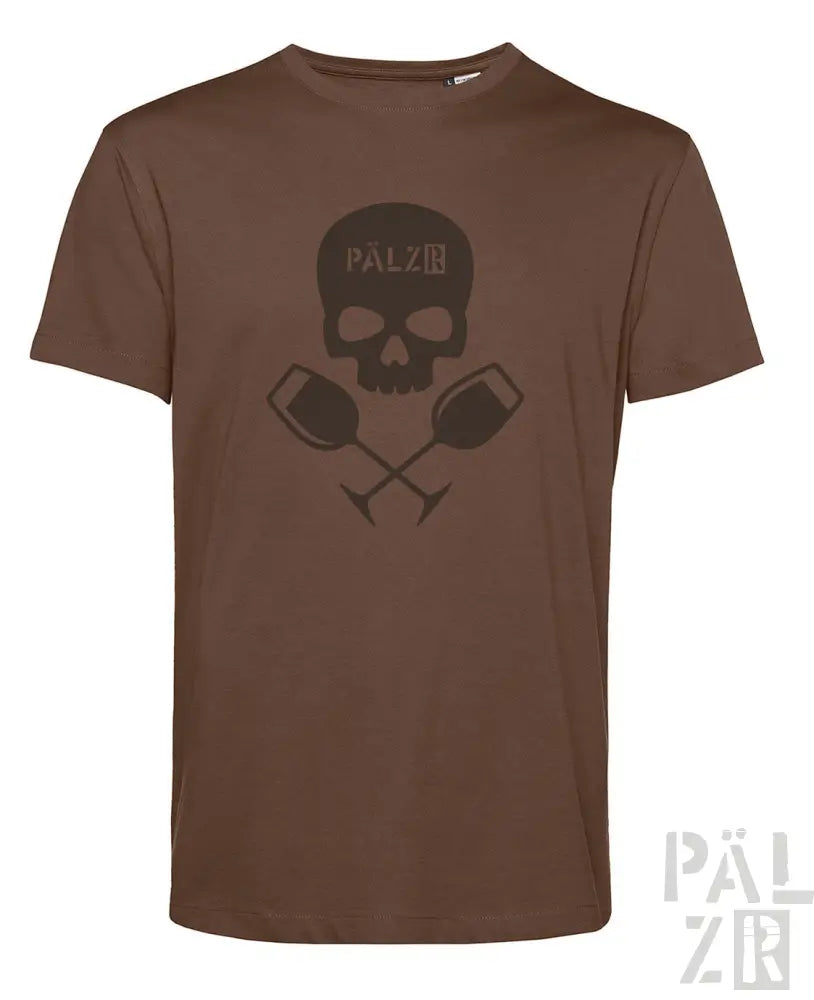 Braunes männer t-shirt mit kurzem ärmel und dunkel motiv aus schädel und gekreuzten weingläsern mit pälzir schriftzug