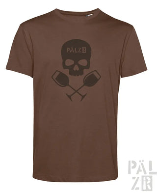Braunes männer t-shirt mit kurzem ärmel und dunkel motiv aus schädel und gekreuzten weingläsern mit pälzir schriftzug