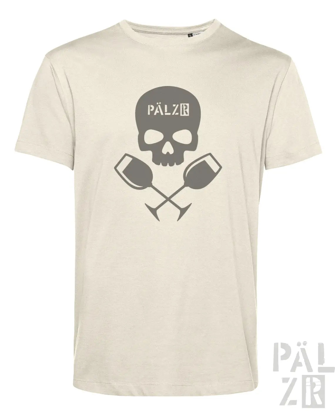 Beige männer t-shirt mit kurzen ärmeln und grauem schädel design mit kreuzenden weingläsern und pälz schriftzug