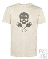 Beige männer t-shirt mit kurzen ärmeln und grauem schädel design mit kreuzenden weingläsern und pälz schriftzug