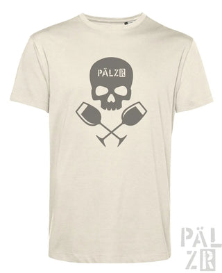 Beige männer t-shirt mit kurzen ärmeln und grauem schädel design mit kreuzenden weingläsern und pälz schriftzug