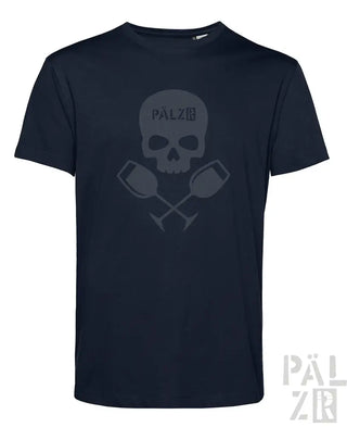 Dunkel marineblaues männer t-shirt mit kurzen ärmeln und verblasstem grauem schädel mit überkreuzten weingläsern und pälz schriftzug