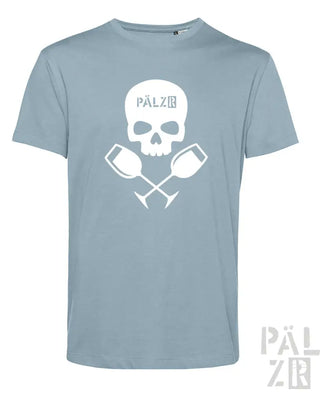 Hellblaues baumwoll t-shirt männer mit weißem schädel und gekreuzten weingläsern und pälzr print