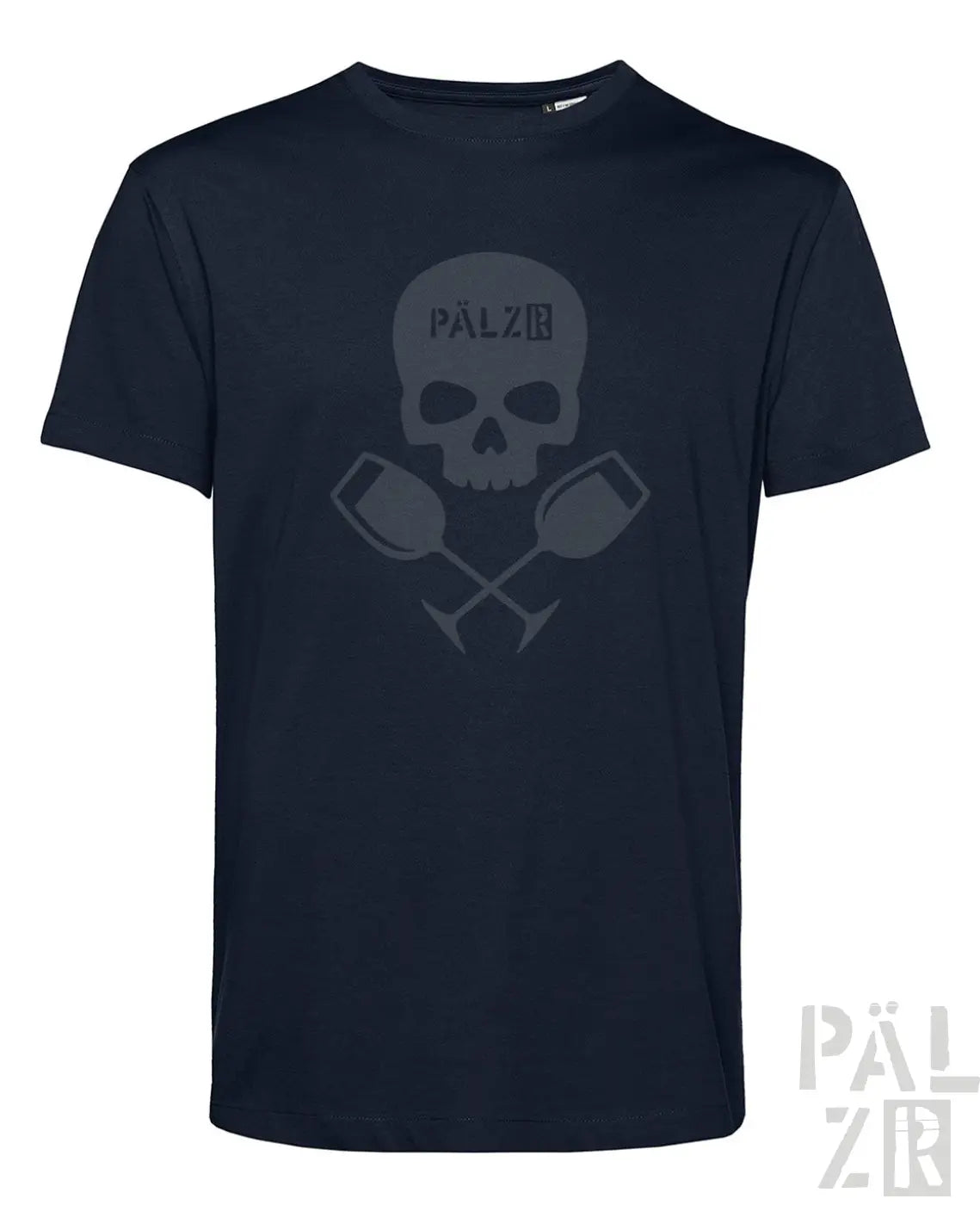 Dunkel marineblaues männer t-shirt mit kurzen ärmeln und verblasstem grauem schädel mit überkreuzten weingläsern und pälz schriftzug