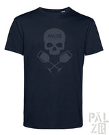 Dunkel marineblaues männer t-shirt mit kurzen ärmeln und verblasstem grauem schädel mit überkreuzten weingläsern und pälz schriftzug