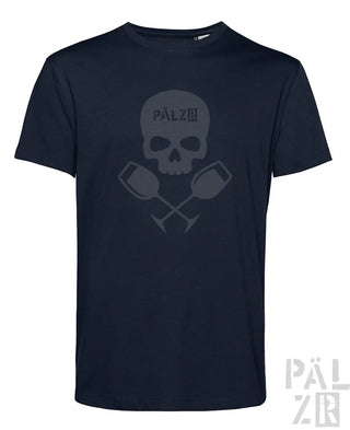 Dunkel marineblaues männer t-shirt mit kurzen ärmeln und verblasstem grauem schädel mit überkreuzten weingläsern und pälz schriftzug