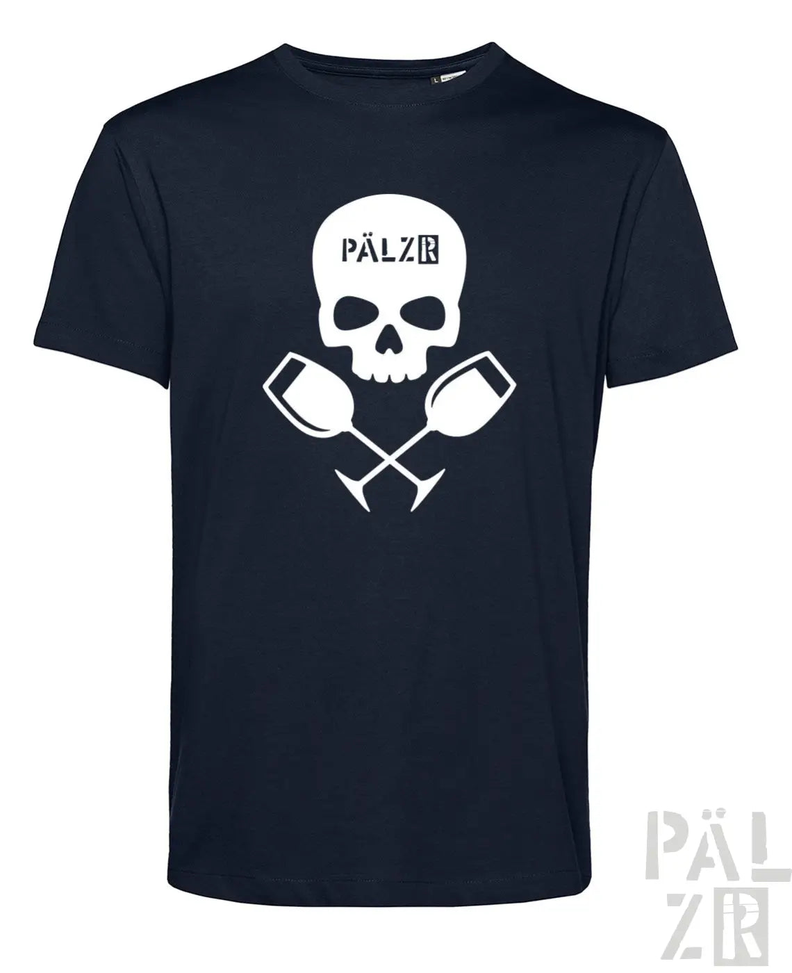 Navyblaues baumwoll t shirt männer mit weißem schädel und gekreuzten weingläsern und pälzb schriftzug