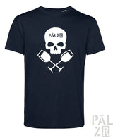 Navyblaues baumwoll t shirt männer mit weißem schädel und gekreuzten weingläsern und pälzb schriftzug