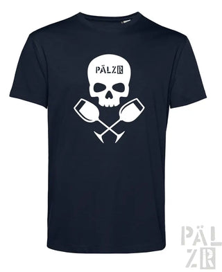 Navyblaues baumwoll t shirt männer mit weißem schädel und gekreuzten weingläsern und pälzb schriftzug