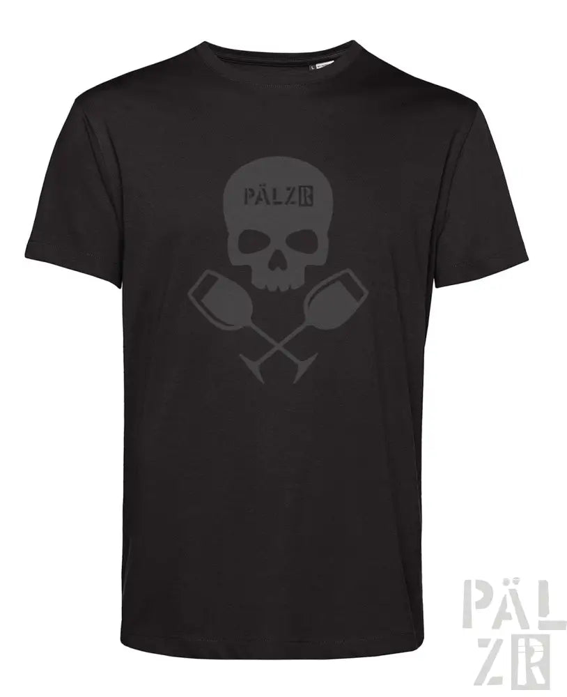 Schwarzes kurzarm t-shirt männer weinpirat mit verblasstem grauem schädel und gekreuzten weingläsern schriftzug pálzb