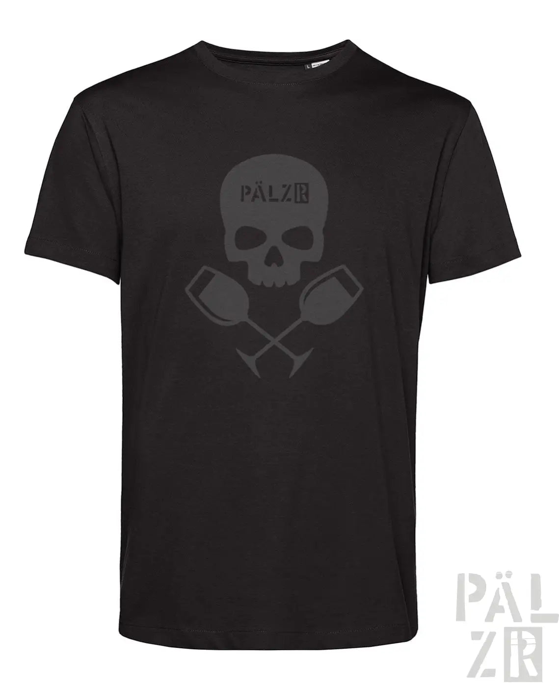 Schwarzes kurzarm t-shirt männer weinpirat mit verblasstem grauem schädel und gekreuzten weingläsern schriftzug pálzb