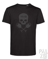 Schwarzes kurzarm t-shirt männer weinpirat mit verblasstem grauem schädel und gekreuzten weingläsern schriftzug pálzb