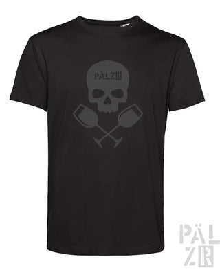 Schwarzes kurzarm t-shirt männer weinpirat mit verblasstem grauem schädel und gekreuzten weingläsern schriftzug pálzb