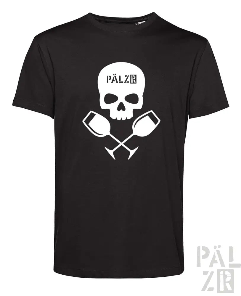 Schwarzes männer t-shirt mit kurzarm und weißem weinpirat motive von pälzb für weinliebhaber