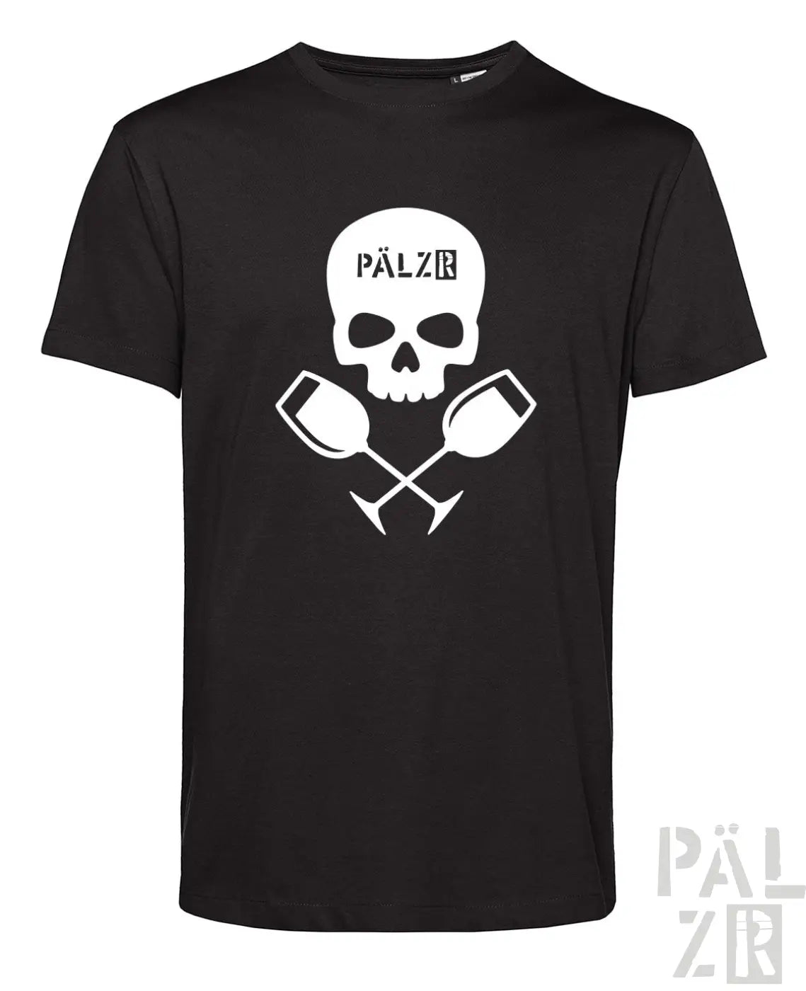 Schwarzes männer t-shirt mit kurzarm und weißem weinpirat motive von pälzb für weinliebhaber