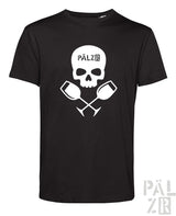 Schwarzes männer t-shirt mit kurzarm und weißem weinpirat motive von pälzb für weinliebhaber