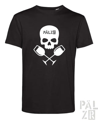 Schwarzes männer t-shirt mit kurzarm und weißem weinpirat motive von pälzb für weinliebhaber