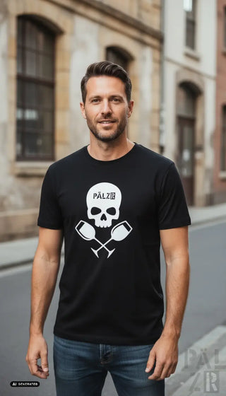 Schwarzes männer t-shirt mit weißem schädel und gekreuzten weingläsern sowie pälzib schrift für weinpirat fans