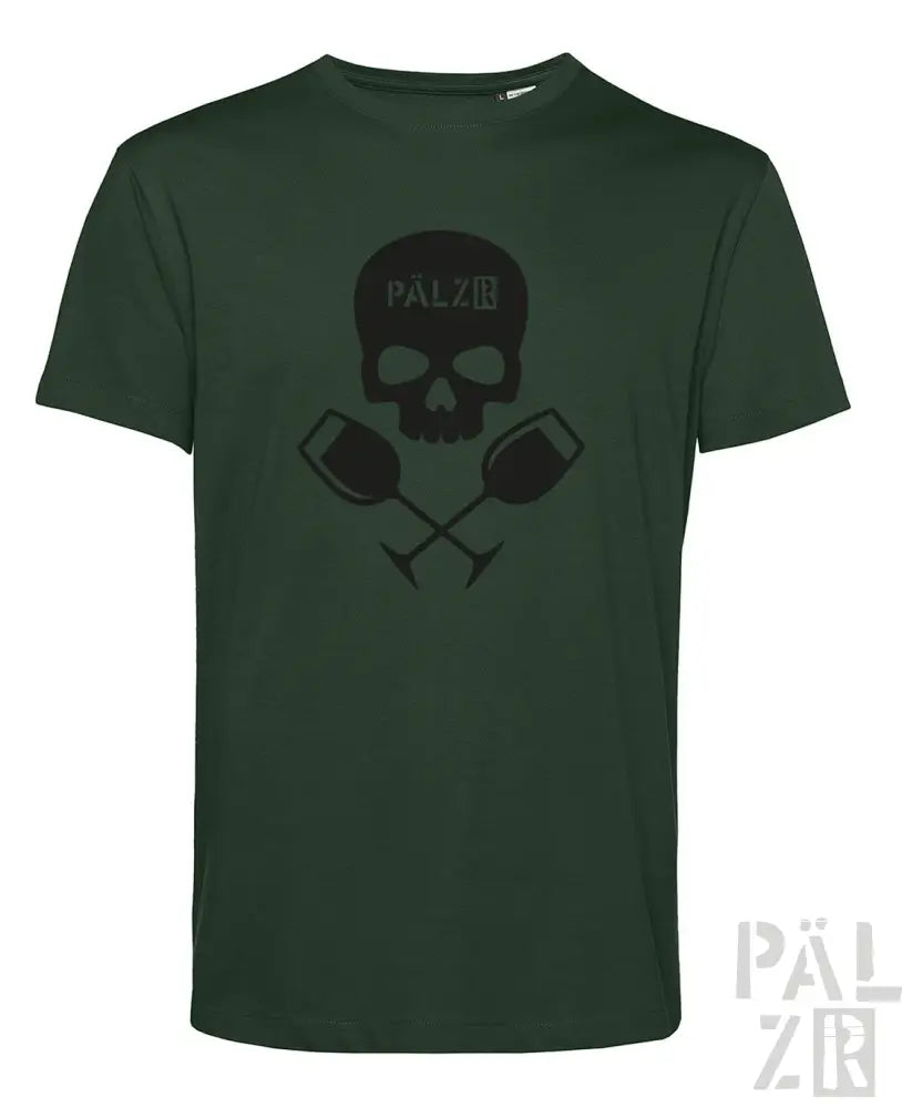 Dunkelgrünes männer t-shirt weinpirat mit schwarzem schädel und gekreuzten weingläsern und pälzr schriftzug