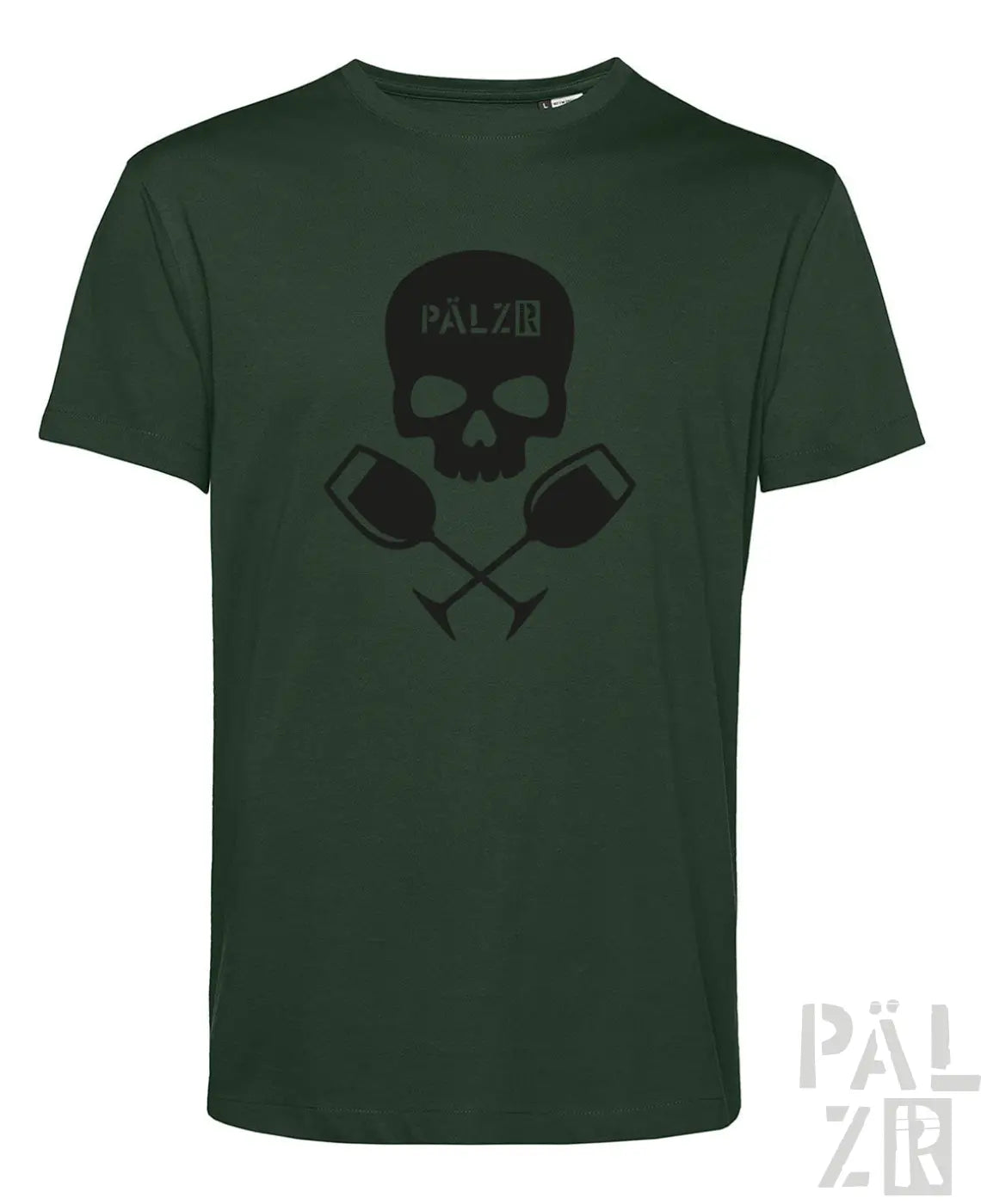 Dunkelgrünes männer t-shirt weinpirat mit schwarzem schädel und gekreuzten weingläsern und pälzr schriftzug