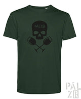 Dunkelgrünes männer t-shirt weinpirat mit schwarzem schädel und gekreuzten weingläsern und pälzr schriftzug