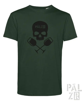 Dunkelgrünes männer t-shirt weinpirat mit schwarzem schädel und gekreuzten weingläsern und pälzr schriftzug