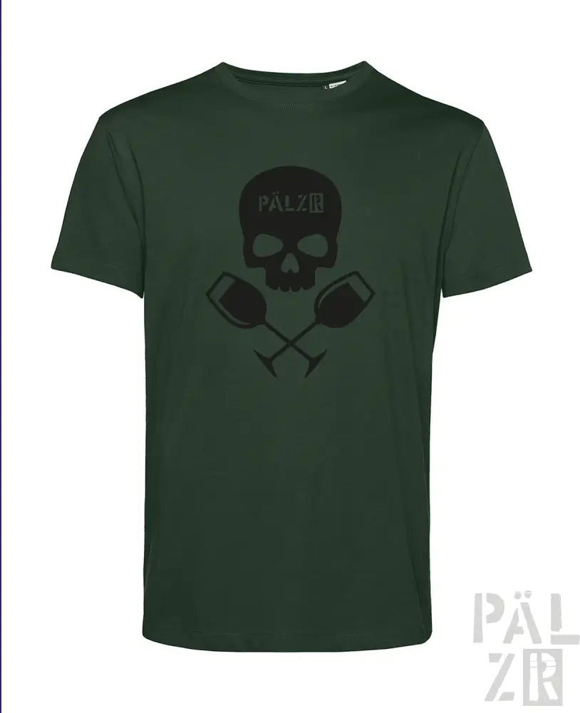 Dunkelgrünes T-Shirt mit Totenkopf- und Hantel-Design, schwarzer Text ’palzir’ über der Brust.