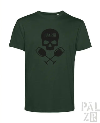 Dunkelgrünes T-Shirt mit Totenkopf- und Hantel-Design, schwarzer Text ’palzir’ über der Brust.
