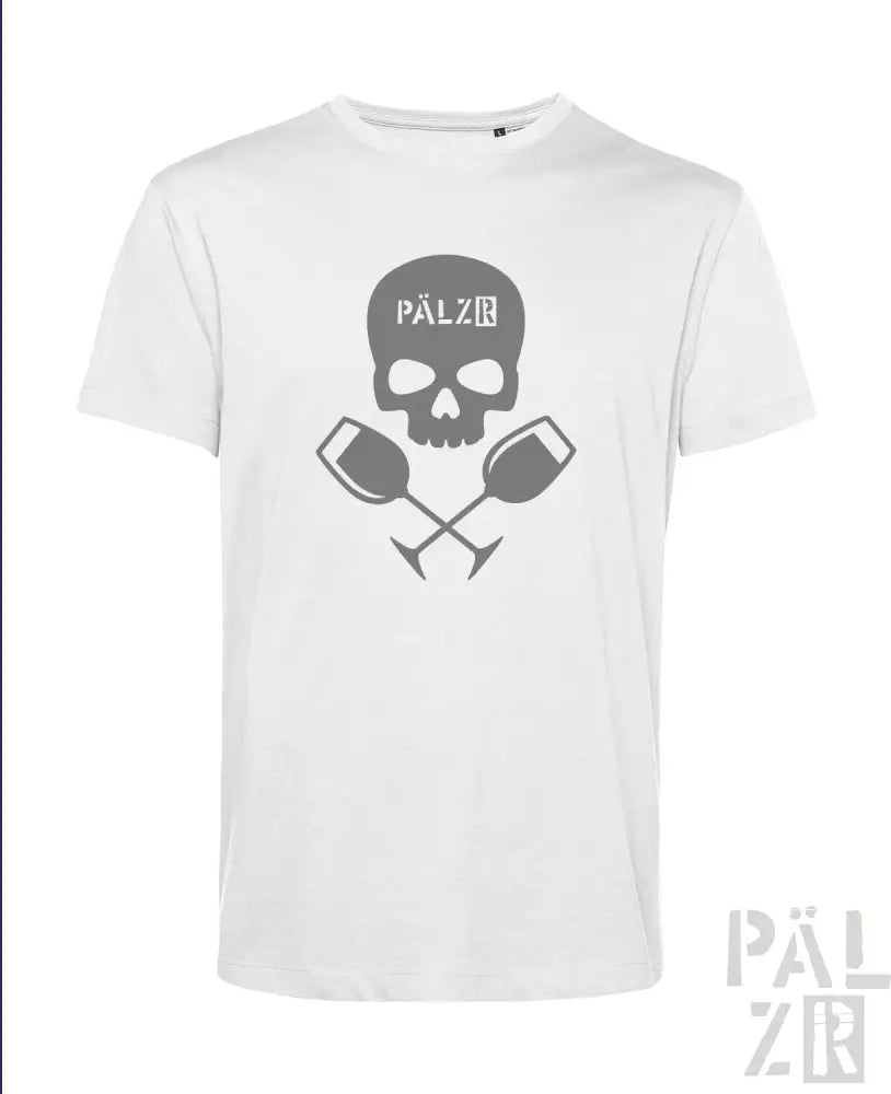 Weißes T-Shirt mit Totenkopf- und Weinglas-Design, mit dem Text ’palzir’ auf der Vorderseite.
