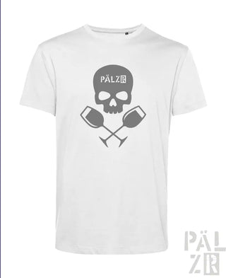 Weißes T-Shirt mit Totenkopf- und Weinglas-Design, mit dem Text ’palzir’ auf der Vorderseite.