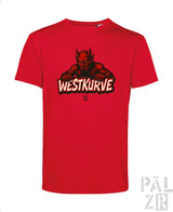 Rotes Teufel-T-Shirt mit ’westkurve’-Text und Logo-Design.