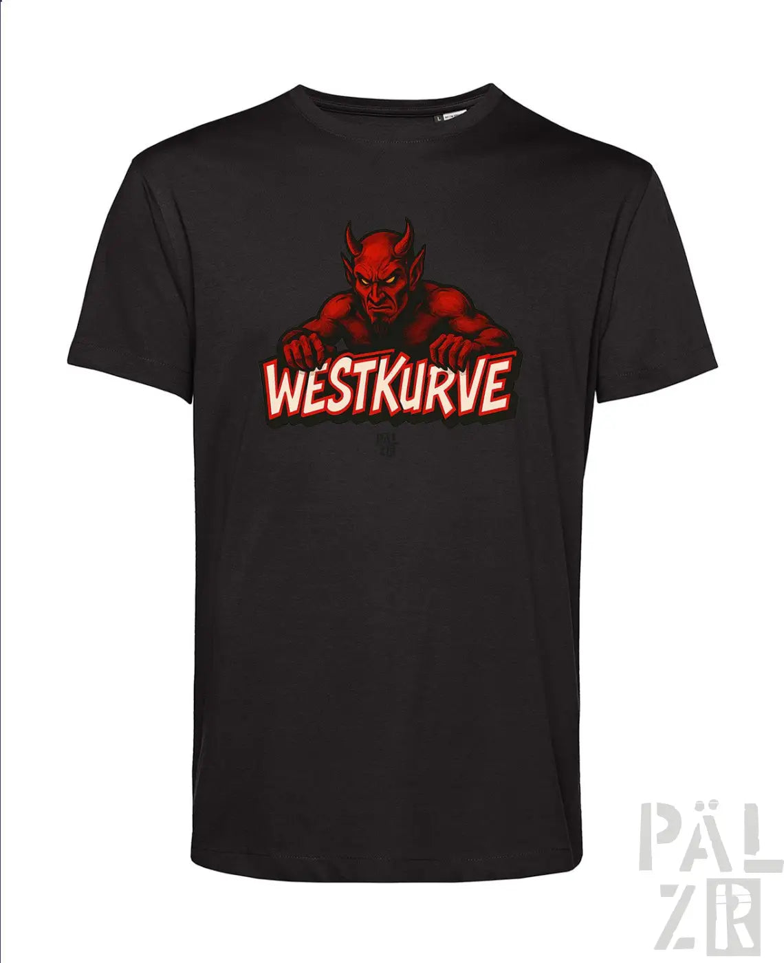 Schwarzes T-Shirt mit rotem Teufel-Design und ’westkurve’-Text.