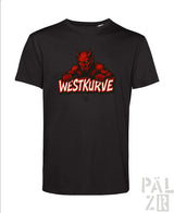 Schwarzes T-Shirt mit rotem Teufel-Design und ’westkurve’-Text.