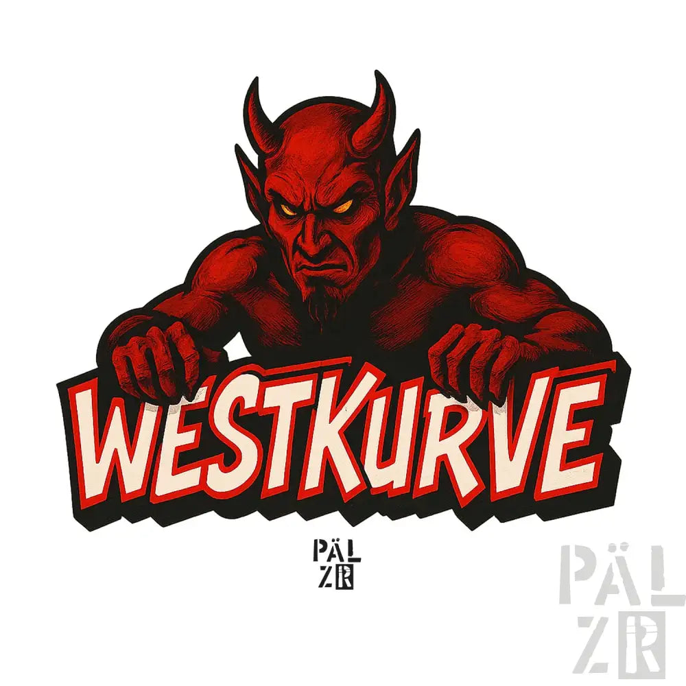 Roter Teufel-Sticker mit Hörnern und Schwanz, glänzende Oberfläche.