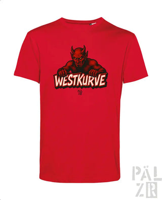 Rotes Teufel-T-Shirt mit ’westkurve’-Text und Logo-Design.