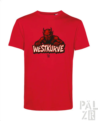 Rotes Teufel-T-Shirt mit ’westkurve’-Text und Logo-Design.