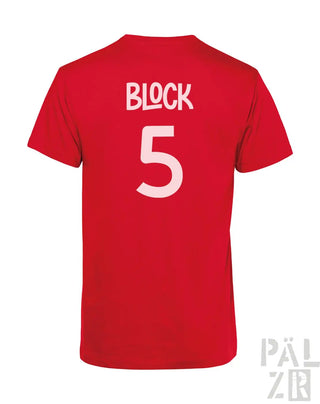 Rotes T-Shirt mit weißem Text- und Nummerndesign, mit „Block 5“ auf dem Rücken.
